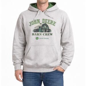John Deere Barn Crew Mens Hoodie Gray Green Pullover Sweatshirt Sz L Farm Tracto